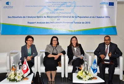 Ouverture de l’atelier de présentation des résultats de l’Analyse Genre du Recensement Général de la Population et de l’Habitat 2014 et du Rapport analyse des indicateurs Genre en Tunisie 2015, à Tunis le 05 Avril 2016. De g à d : Mme Leila Rhiwi, représentante de ONU Femmes Maghreb, Mme Samira Merai, Ministre de la femme, de la famille et de l’enfance, Mme Mélanie Bride, attachée de coopération et chargée des programmes égalité homme-femme et société civile de la délégation de l’Union Européenne en Tunisie et M. Hedi Saidi Directeur général de l’INS. Photo : ONU Femmes et INS