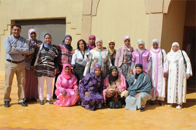 Workshop on strengthening the capacities of female leaders of agricultural cooperatives in oasis regions as part of the monitoring and evaluation of adaptation projects for climate change in Errachidia Maroc. Photo courtesy of Brahim Jaafar (far left).
