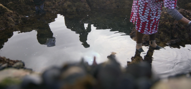 Khadija, récoltant des moules, pieds dans l’eau. Crédit Photo : ONU Femmes 